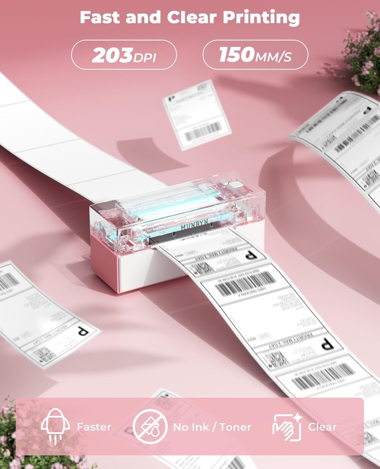 image:imageMUNBYN Bluetooth Thermal Label Printer 4x6 Shipping Label Printer for Shipping Packages Compatible with iOS Android PC Mac Chrome OS Etsy Ebay Shopify Amazon USPS and MorePink