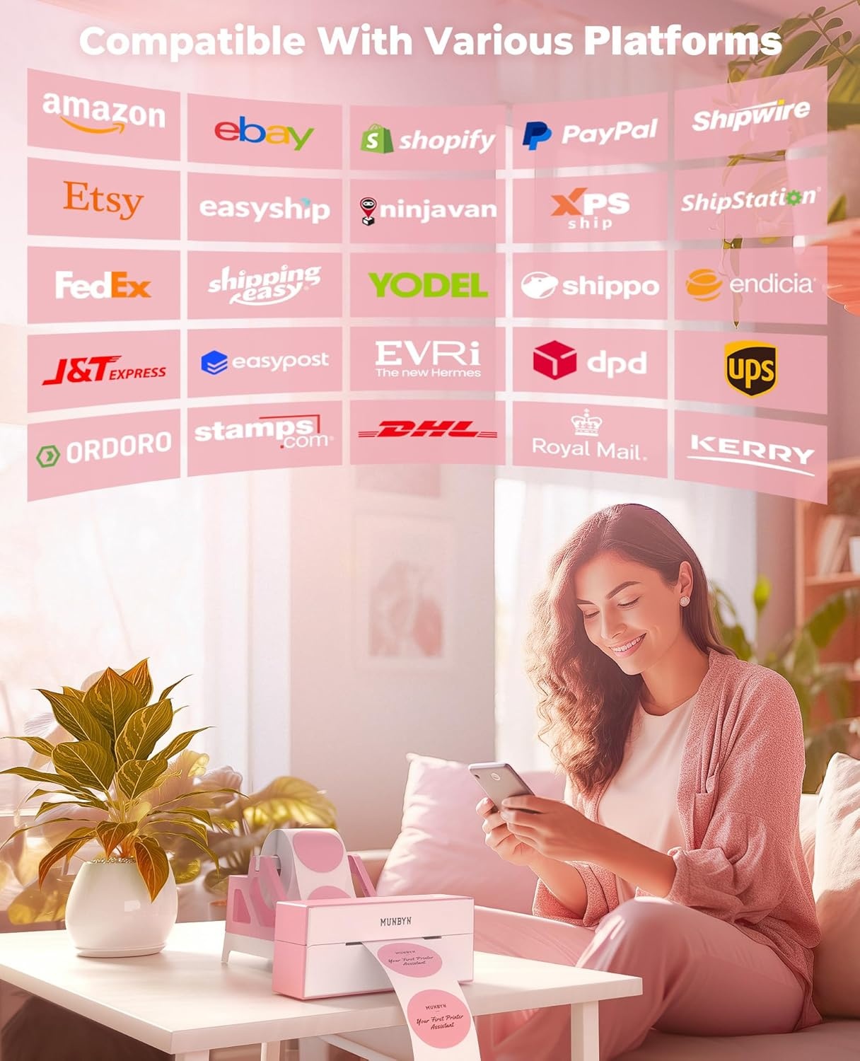 image:imageMUNBYN Bluetooth Thermal Label Printer 4x6 Shipping Label Printer for Shipping Packages Compatible with iOS Android PC Mac Chrome OS Etsy Ebay Shopify Amazon USPS and MorePink