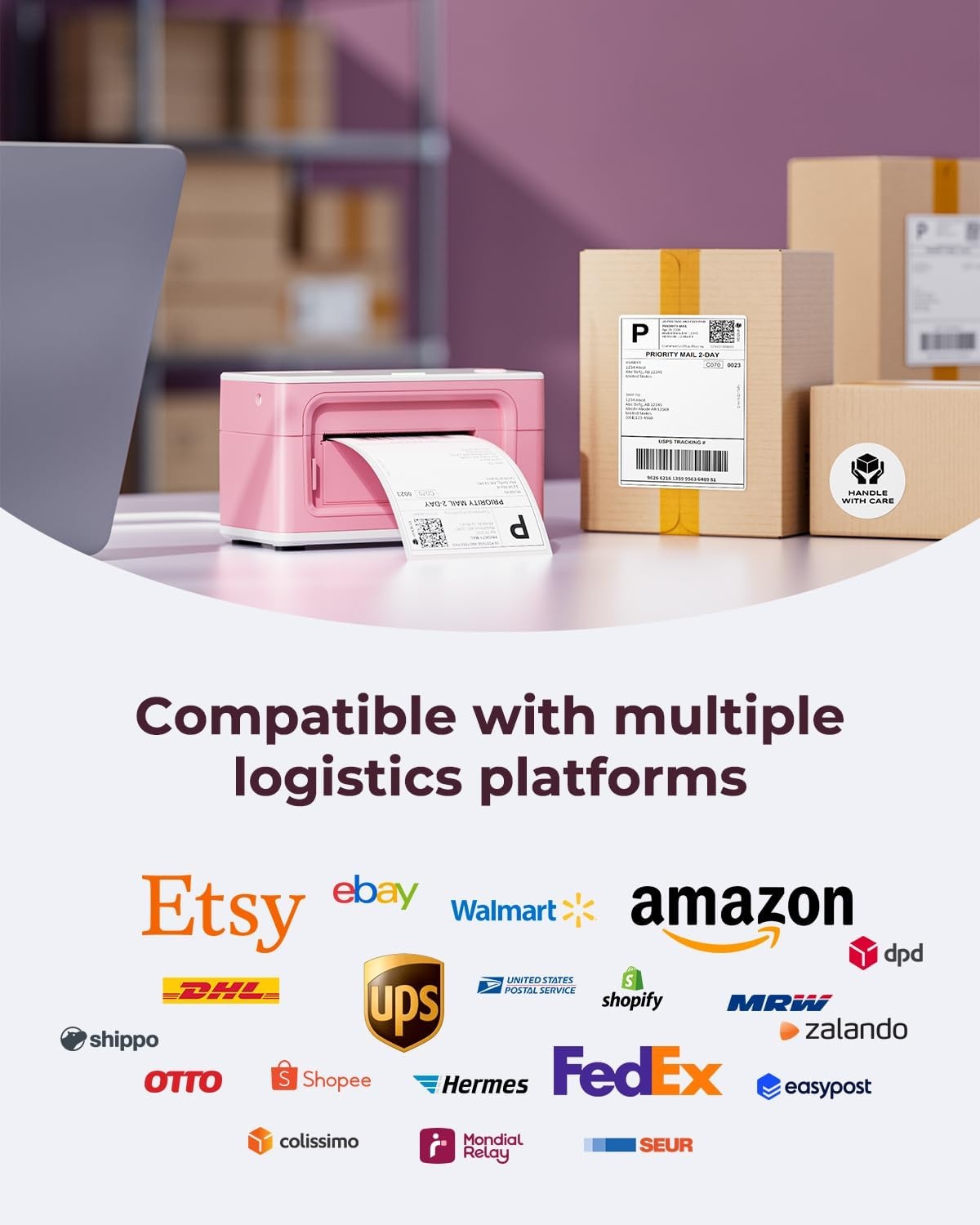 image:imageMUNBYN Bluetooth Thermal Label Printer 941BP Wireless 300DPI 4x6 Shipping Label Printer for Small Business Compatible with Windows Mac iPhone Android PC Amazon Shopify Etsy USPS PinkPink