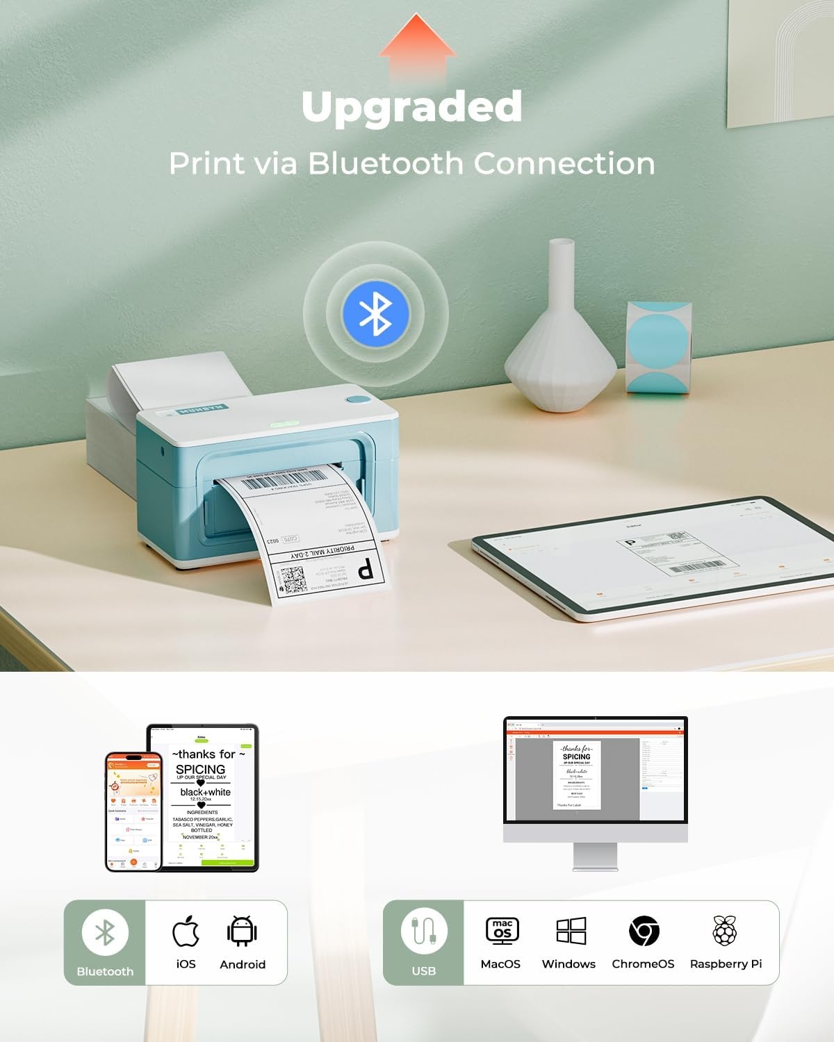 image:imageMUNBYN Bluetooth Thermal Label Printer 941BP Wireless 300DPI 4x6 Shipping Label Printer for Small Business Compatible with Windows Mac iPhone Android PC Amazon Shopify Etsy USPS PinkGreen