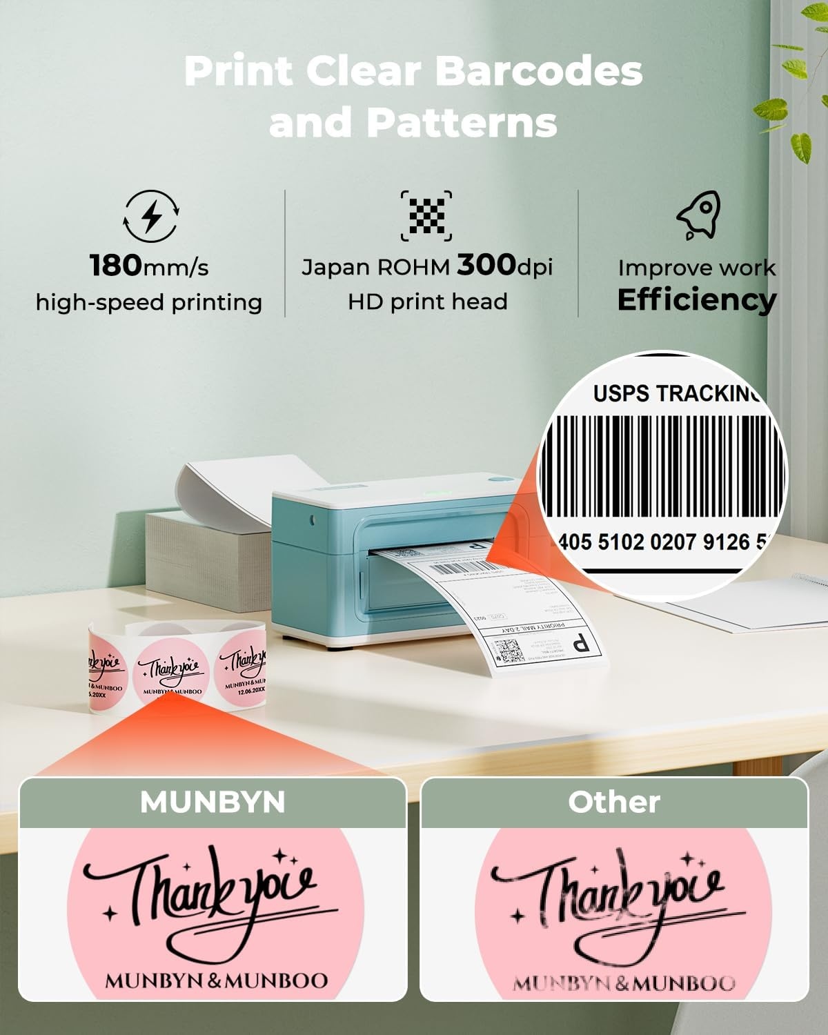 image:imageMUNBYN Bluetooth Thermal Label Printer 941BP Wireless 300DPI 4x6 Shipping Label Printer for Small Business Compatible with Windows Mac iPhone Android PC Amazon Shopify Etsy USPS PinkGreen