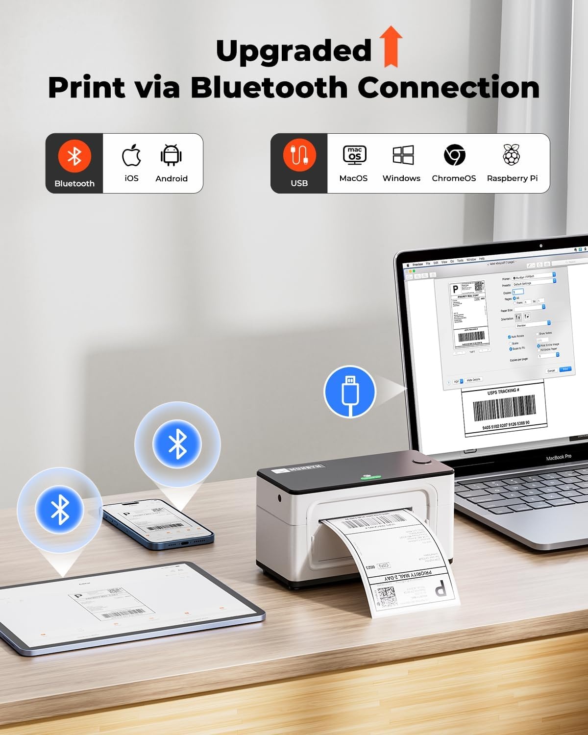 image:imageMUNBYN Bluetooth Thermal Label Printer 941BP Wireless 300DPI 4x6 Shipping Label Printer for Small Business Compatible with Windows Mac iPhone Android PC Amazon Shopify Etsy USPS PinkWhite