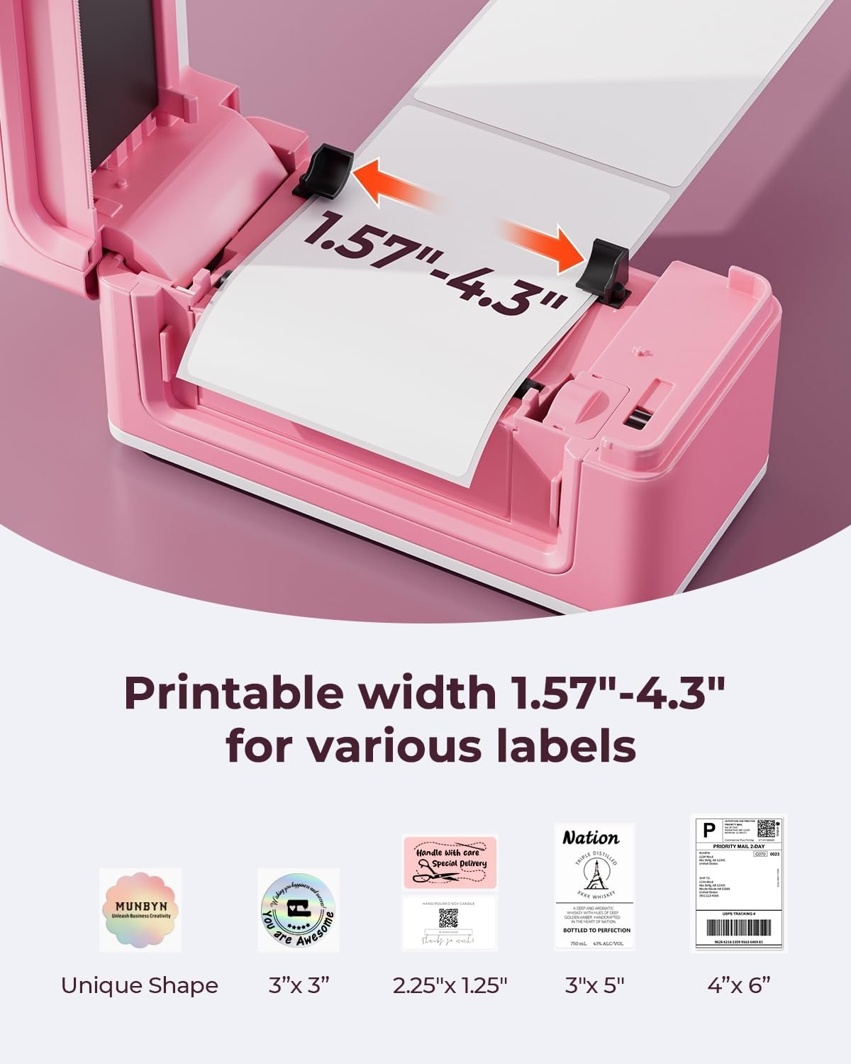 image:imageMUNBYN Bluetooth Thermal Label Printer 941BP Wireless 300DPI 4x6 Shipping Label Printer for Small Business Compatible with Windows Mac iPhone Android PC Amazon Shopify Etsy USPS PinkPink