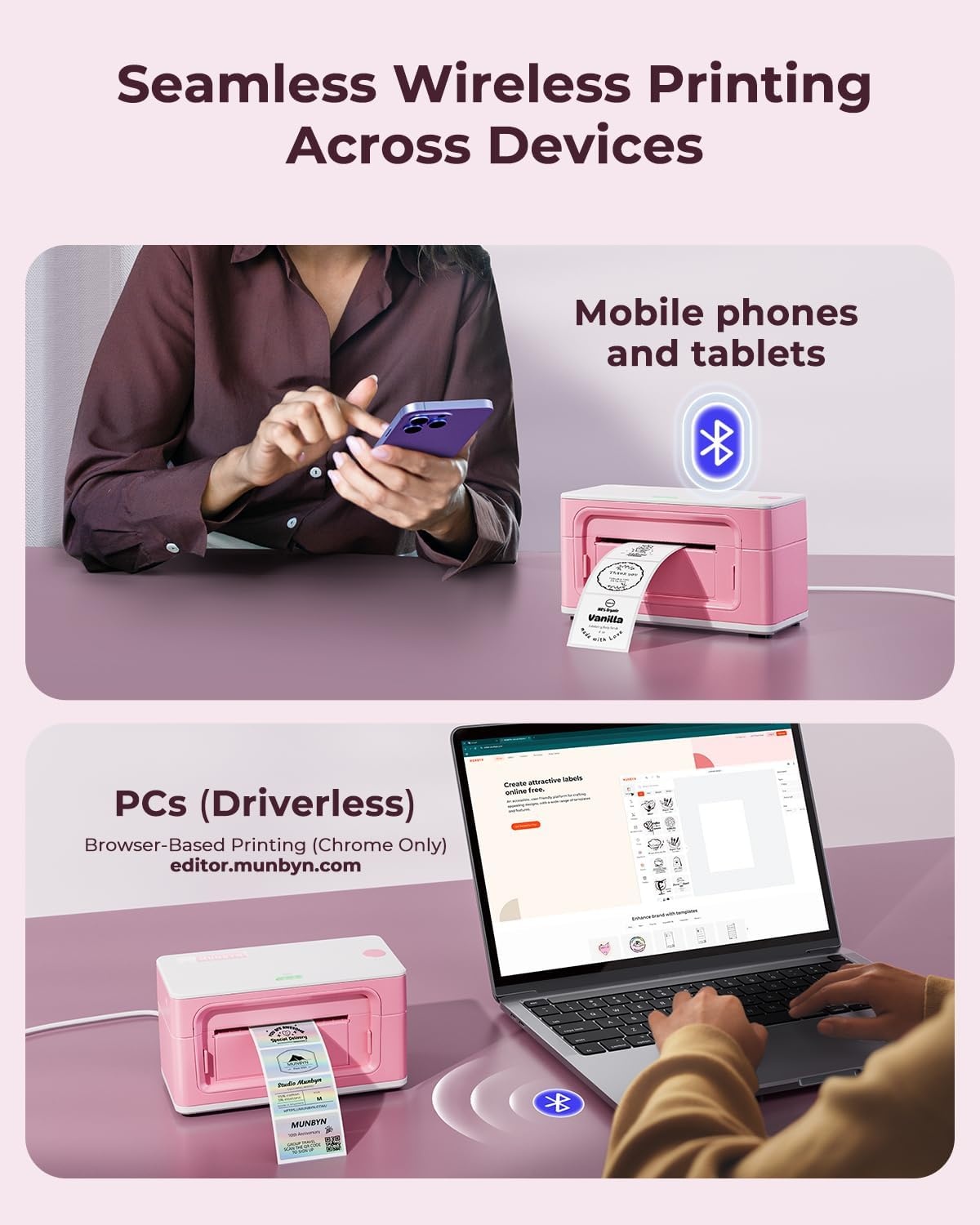 image:imageMUNBYN Bluetooth Thermal Label Printer 941BP Wireless 300DPI 4x6 Shipping Label Printer for Small Business Compatible with Windows Mac iPhone Android PC Amazon Shopify Etsy USPS PinkPink