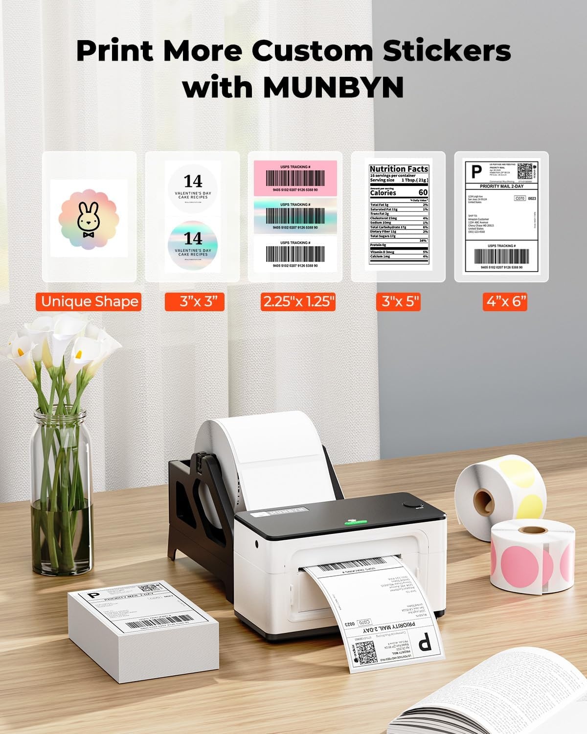 image:imageMUNBYN Bluetooth Thermal Label Printer 941BP Wireless 300DPI 4x6 Shipping Label Printer for Small Business Compatible with Windows Mac iPhone Android PC Amazon Shopify Etsy USPS PinkWhite