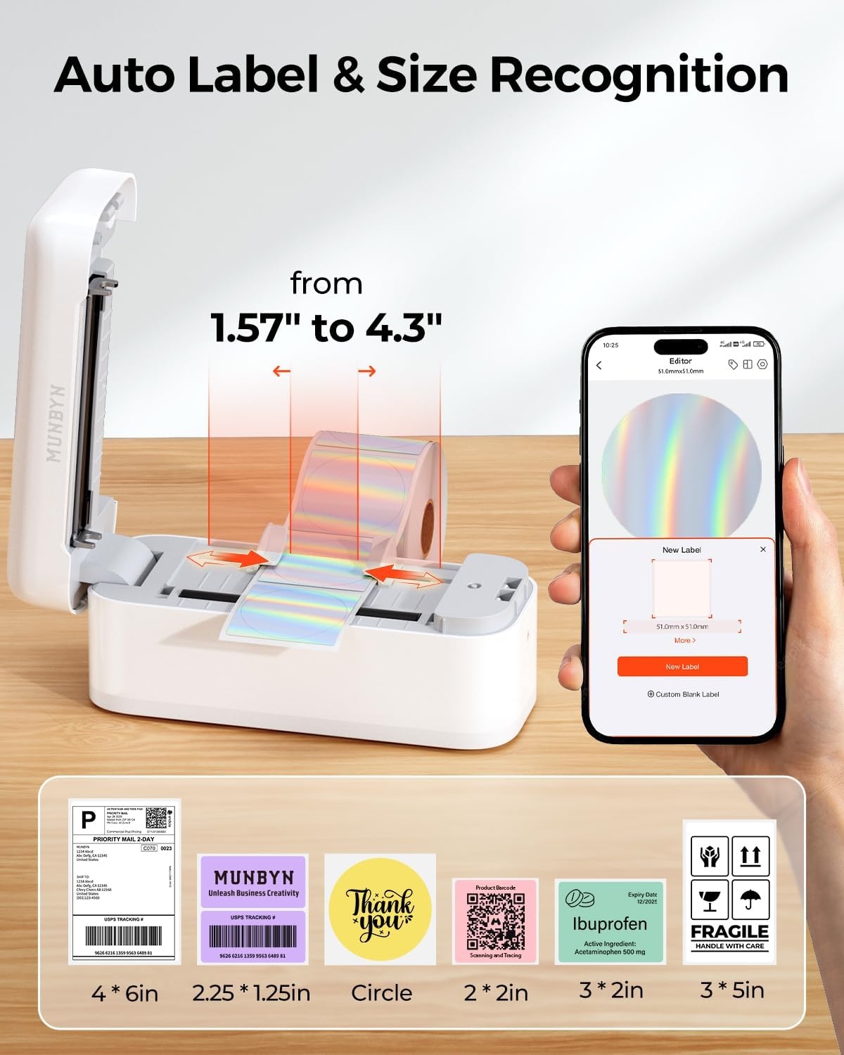 image:imageMUNBYN Bluetooth Thermal Label Printer RealWriter RW402B 4x6 Shipping Label Printer for Small Business Compatible with Android iPhone and Windows Mac ChromebookWhite