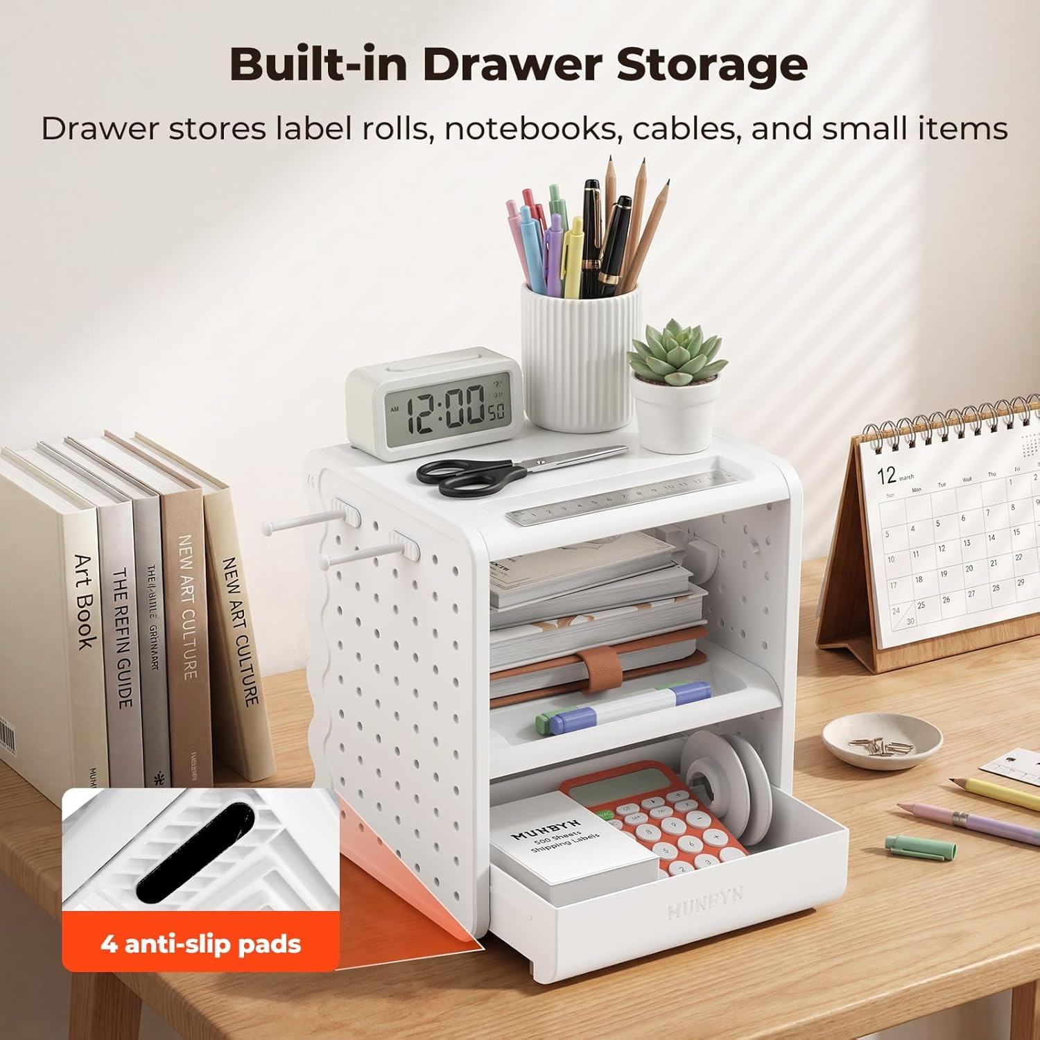 image:imageMUNBYN ILH03 4x6 Thermal Label Holder 5in1 Sticker Holder with 3Tier Shelf Drawer Hooks amp Pegboard for Shipping Label Printing Office Small Business Home