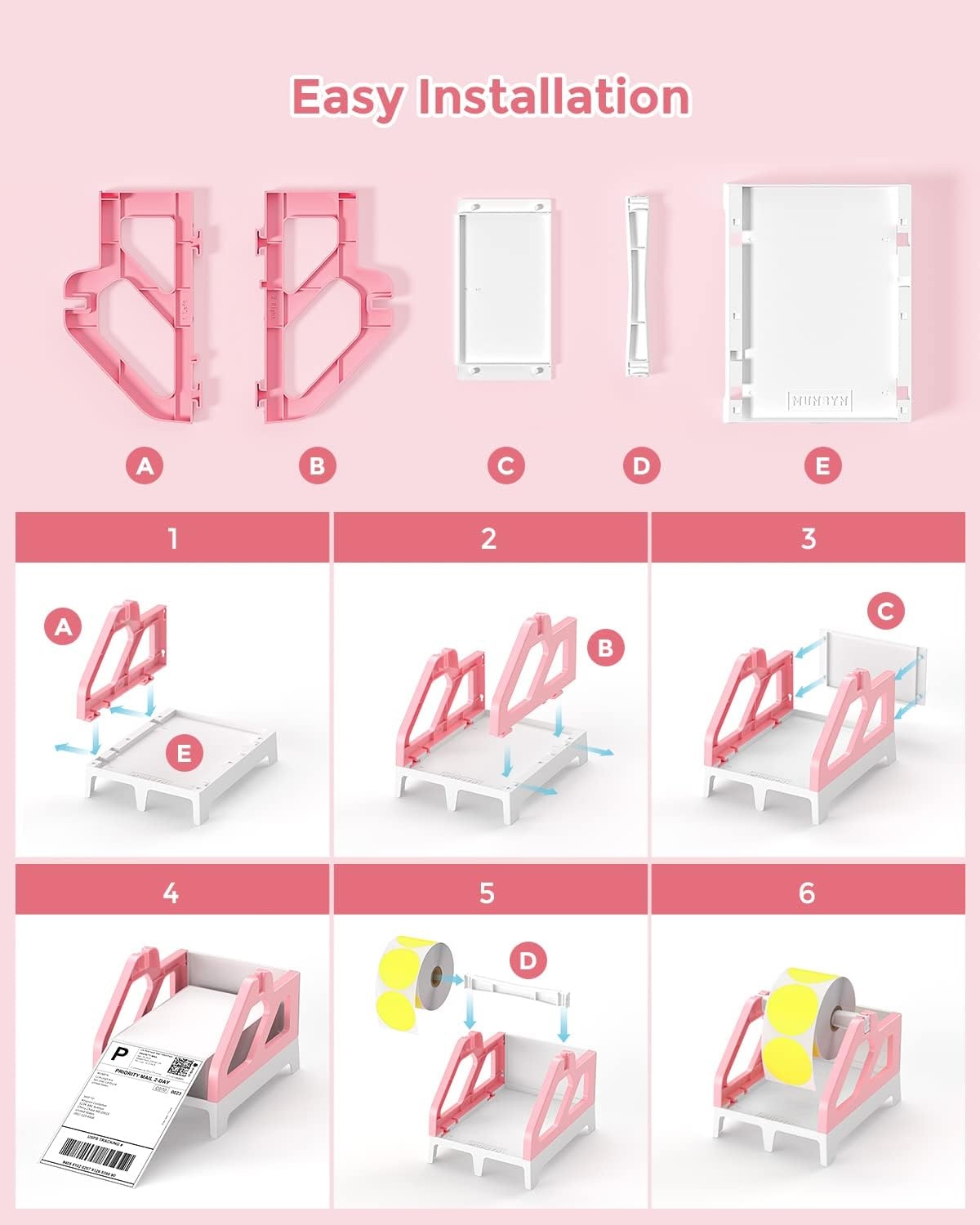 image:imageMUNBYN Label Holder for Rolls and FanFold Labels Thermal Sticker Roll Holder for Desktop Thermal Printer Shipping Supplies Industrial Paper PinkPink and White