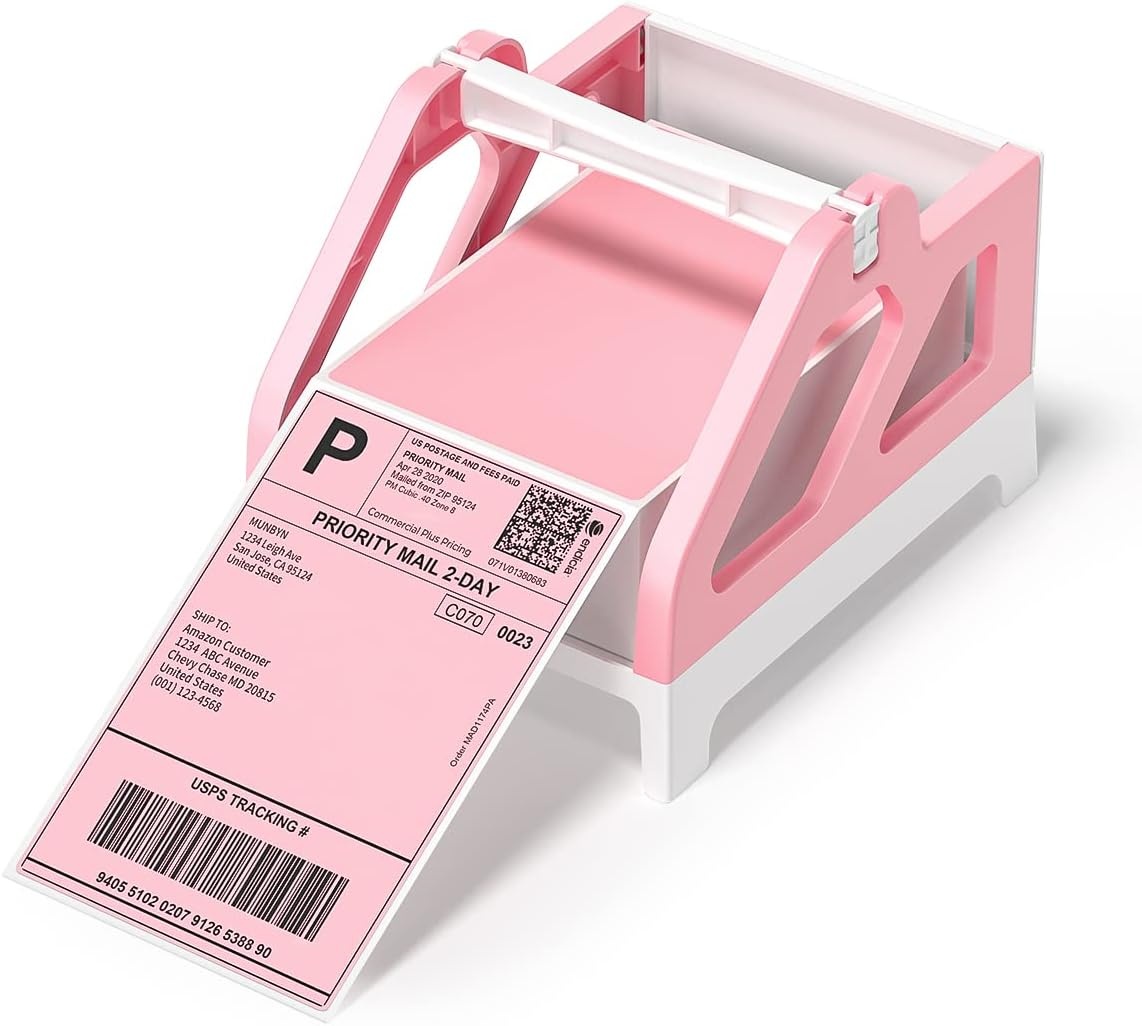 image:imageMUNBYN Label Holder for Rolls and FanFold Labels Thermal Sticker Roll Holder for Desktop Thermal Printer Shipping Supplies Industrial Paper PinkPink and White