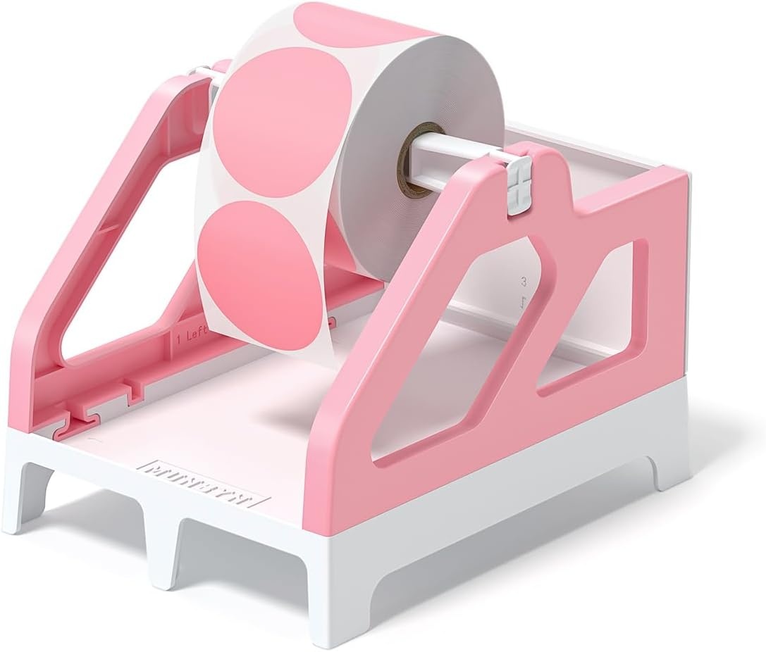 image:imageMUNBYN Label Holder for Rolls and FanFold Labels Thermal Sticker Roll Holder for Desktop Thermal Printer Shipping Supplies Industrial Paper PinkPink and White
