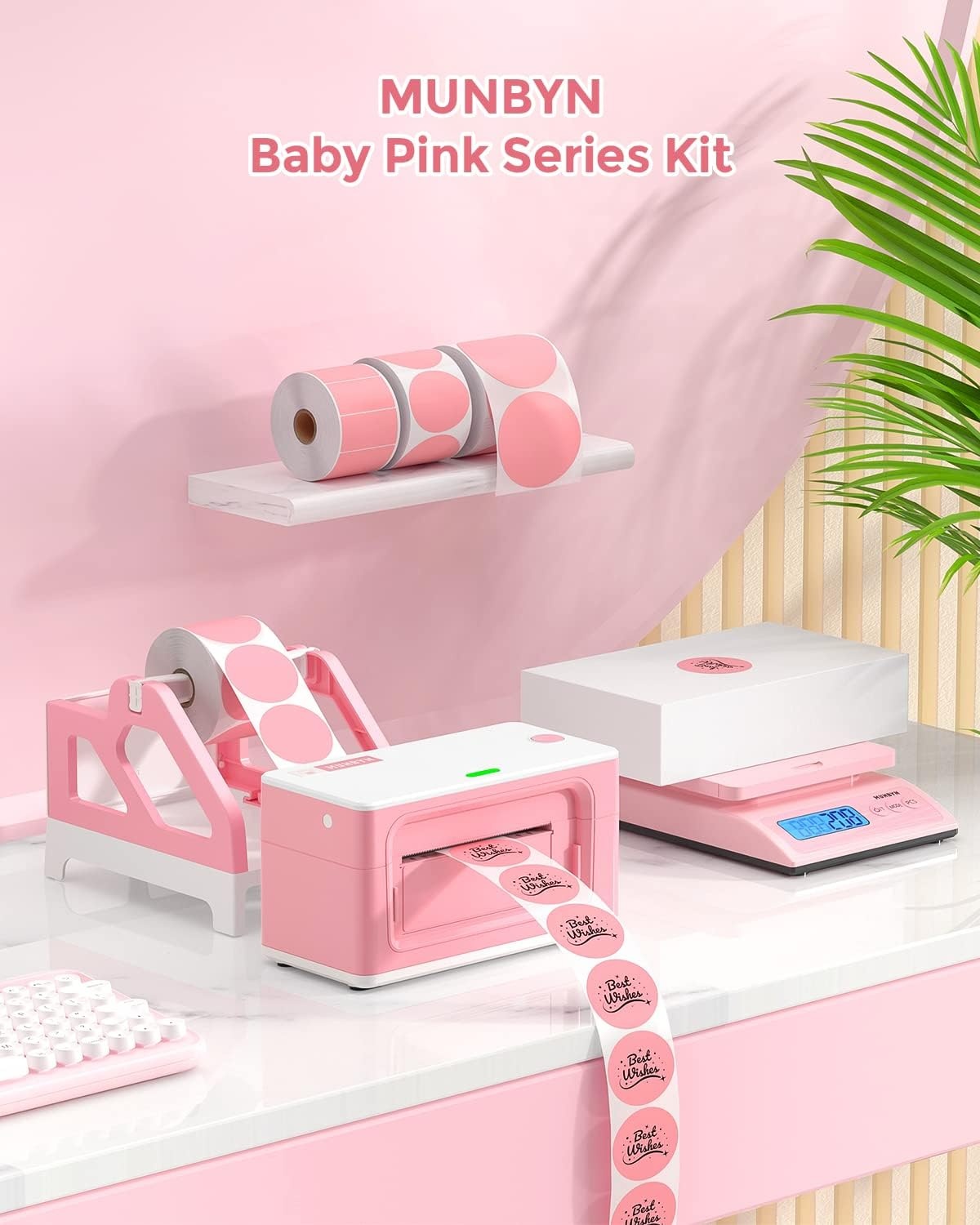 image:imageMUNBYN Label Holder for Rolls and FanFold Labels Thermal Sticker Roll Holder for Desktop Thermal Printer Shipping Supplies Industrial Paper PinkPink and White