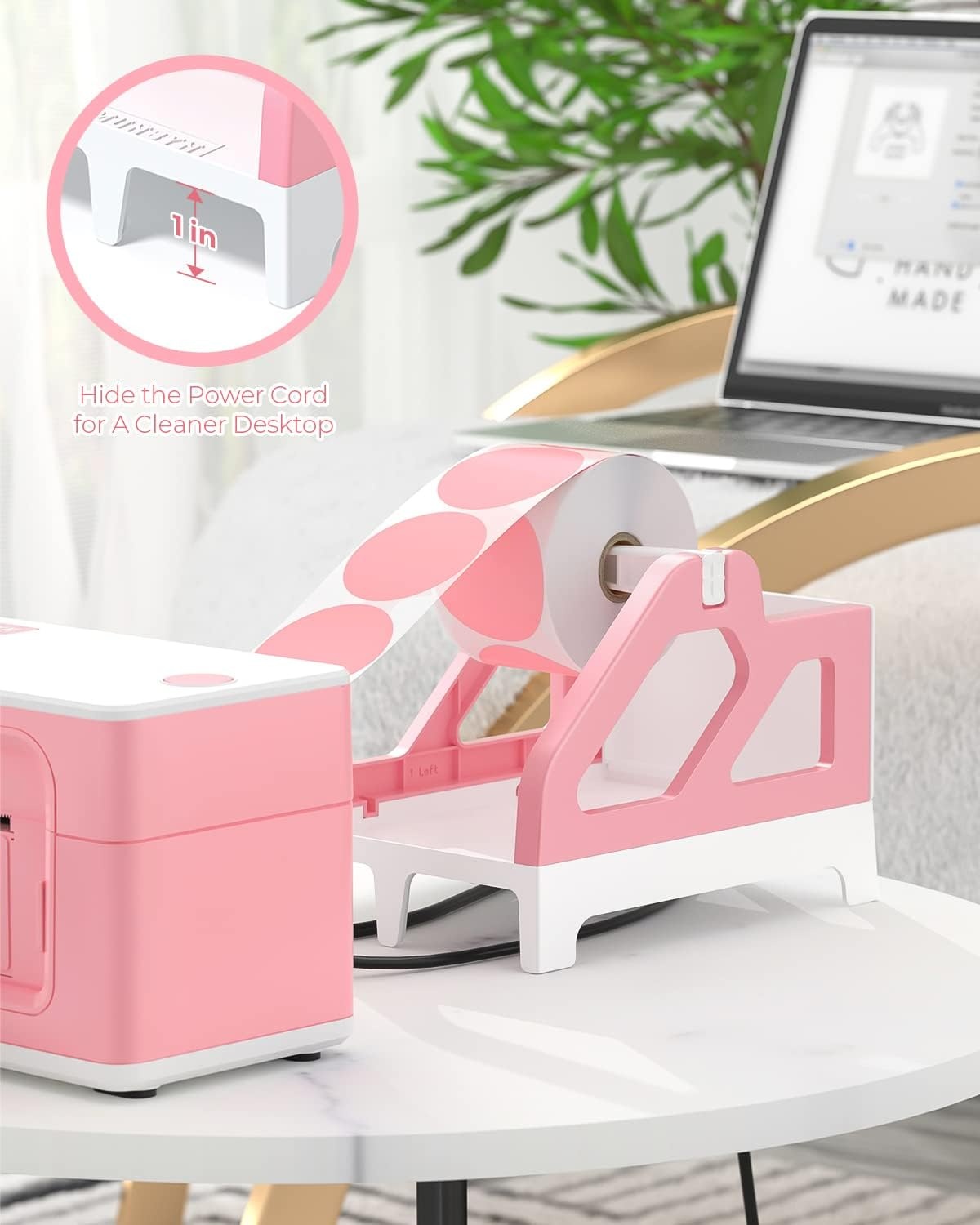 image:imageMUNBYN Label Holder for Rolls and FanFold Labels Thermal Sticker Roll Holder for Desktop Thermal Printer Shipping Supplies Industrial Paper PinkPink and White