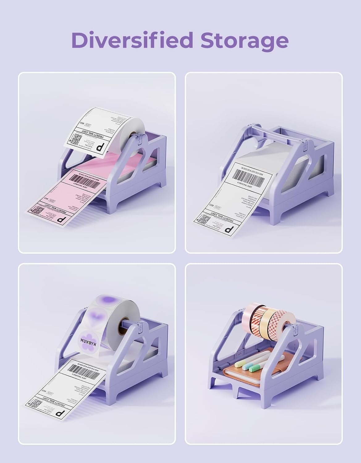 image:imageMUNBYN Label Holder for Rolls and FanFold Labels Thermal Sticker Roll Holder for Desktop Thermal Printer Shipping Supplies Industrial Paper PinkPurple