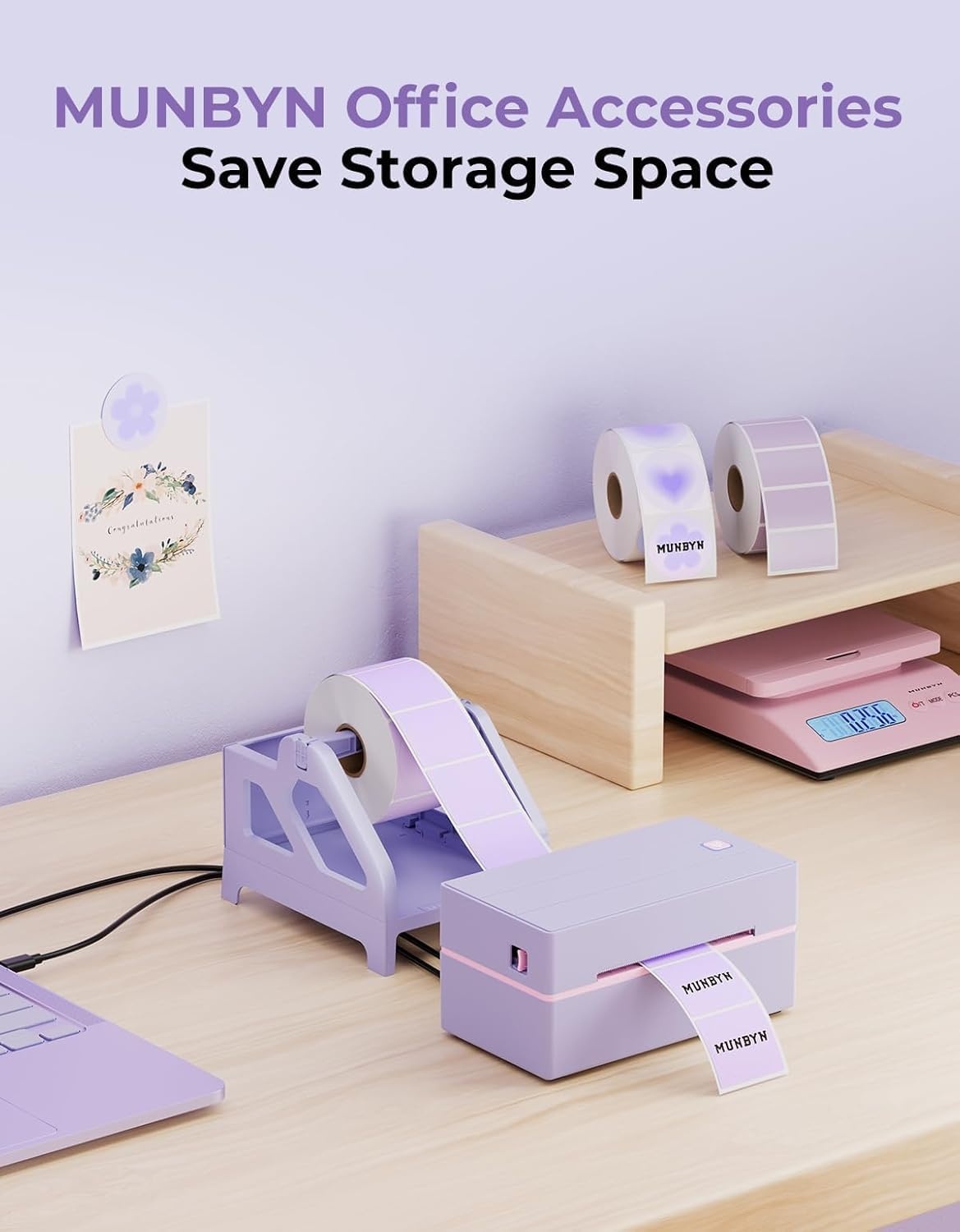 image:imageMUNBYN Label Holder for Rolls and FanFold Labels Thermal Sticker Roll Holder for Desktop Thermal Printer Shipping Supplies Industrial Paper PinkPurple
