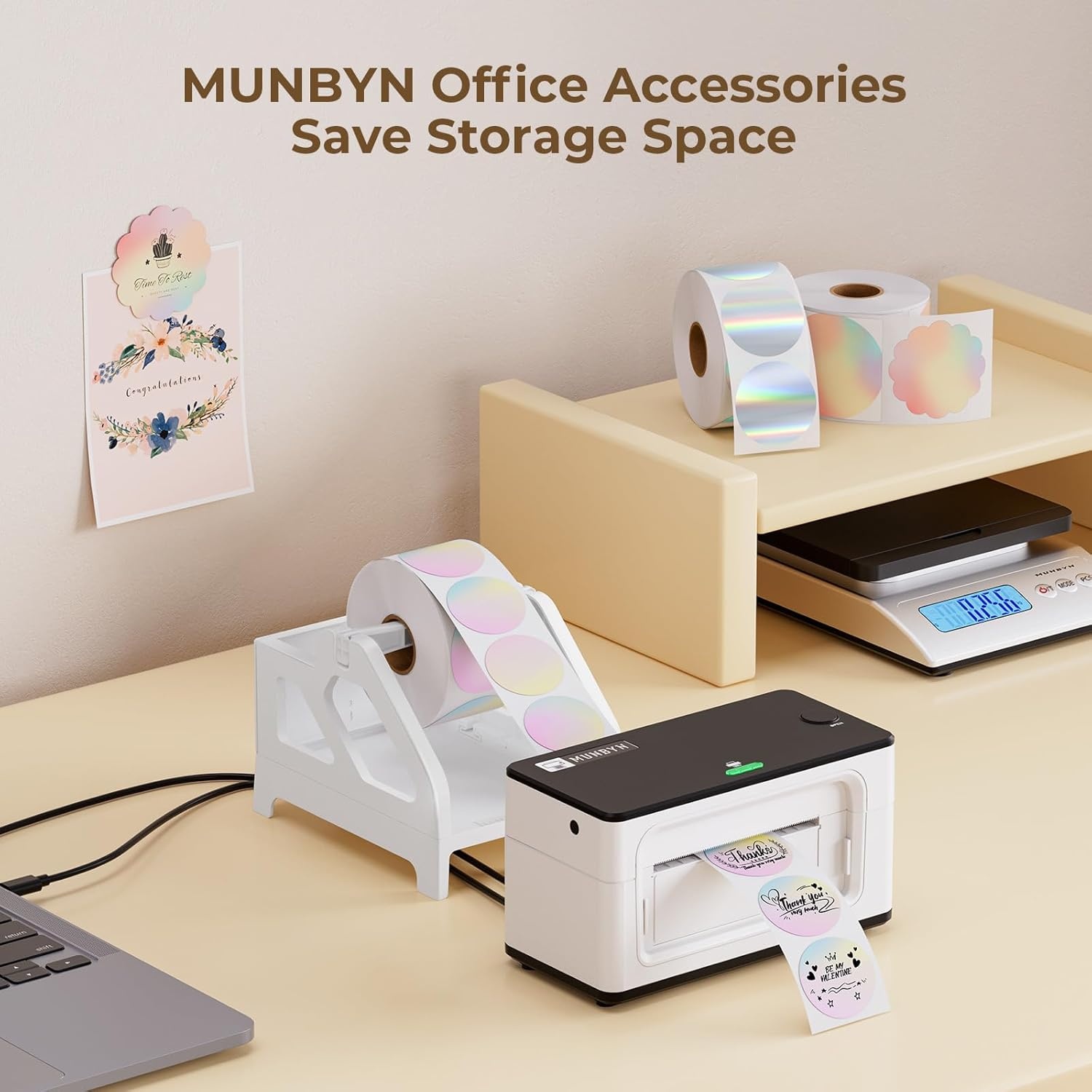 image:imageMUNBYN Label Holder for Rolls and FanFold Labels Thermal Sticker Roll Holder for Desktop Thermal Printer Shipping Supplies Industrial Paper PinkWhite
