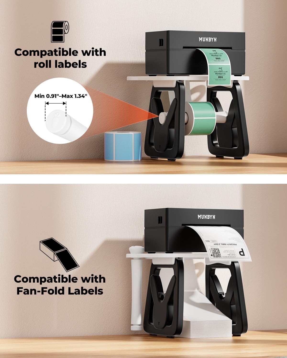 image:imageMUNBYN Label Holder for Rolls and Fanfold Labels Thermal Sticker Holder for Desktop Thermal Printer Accessory Supplies for Home Office Small BusinessBlack and White