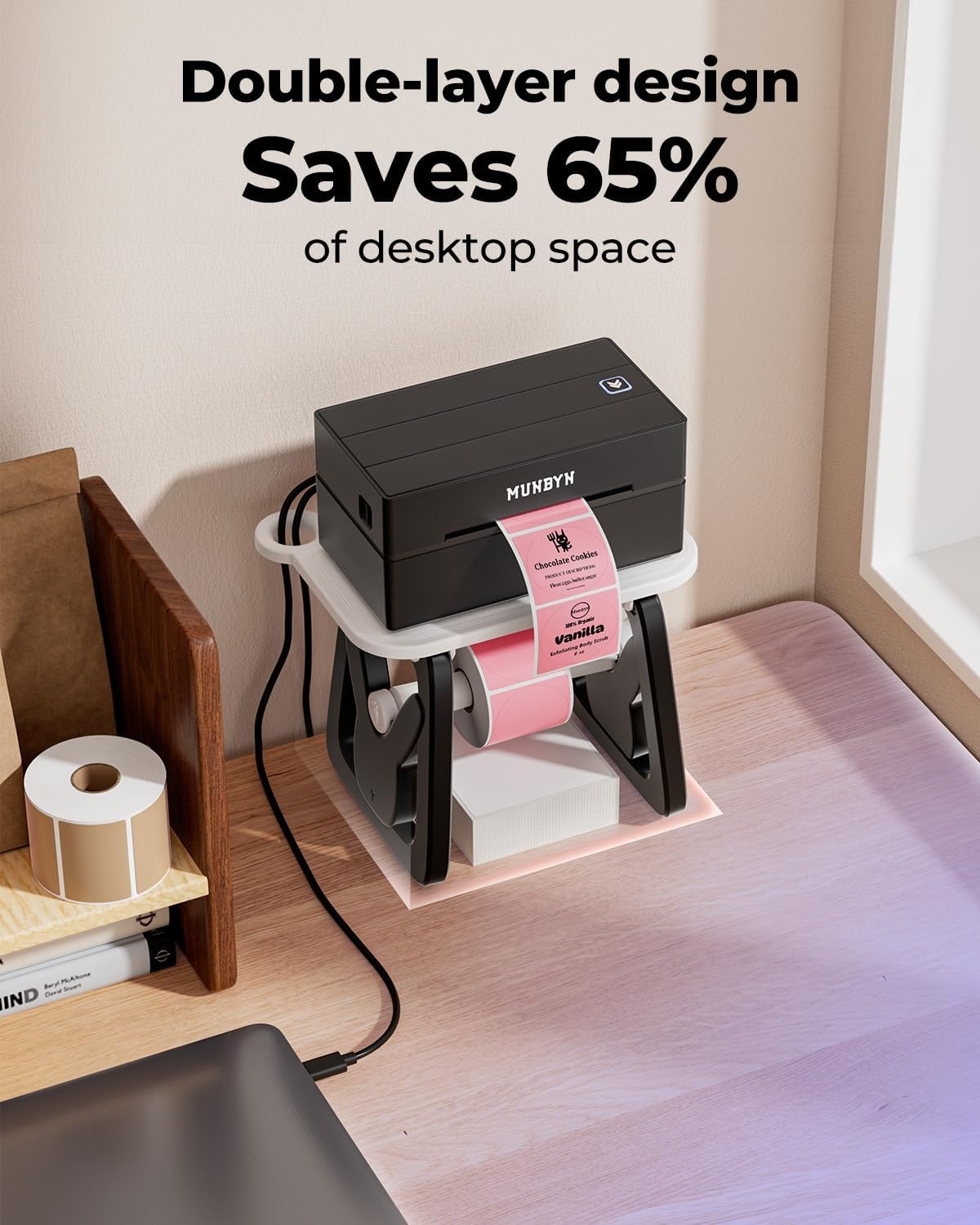 image:imageMUNBYN Label Holder for Rolls and Fanfold Labels Thermal Sticker Holder for Desktop Thermal Printer Accessory Supplies for Home Office Small BusinessBlack and White