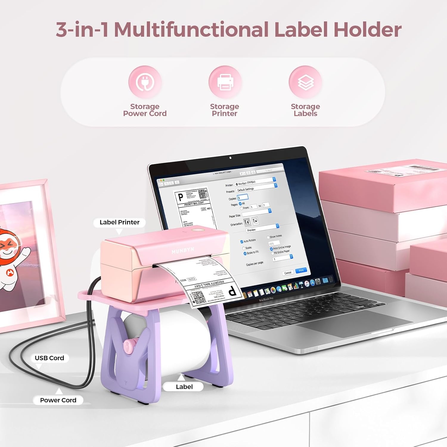 image:imageMUNBYN Label Holder for Rolls and Fanfold Labels Thermal Sticker Holder for Desktop Thermal Printer Accessory Supplies for Home Office Small BusinessPurple and Pink