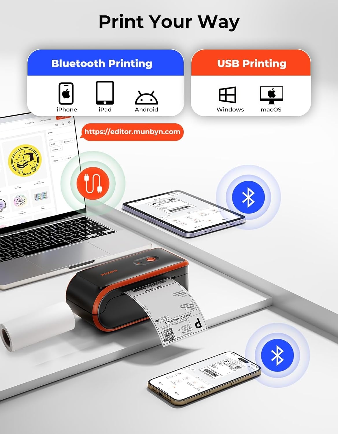 image:imageMUNBYN MC240 Bluetooth Thermal Label Printer with Battery Builtin Paper Bin Portable Wireless 46 Shipping Label Printer Compatible with iOS Android Windows Mac Works for Small Business