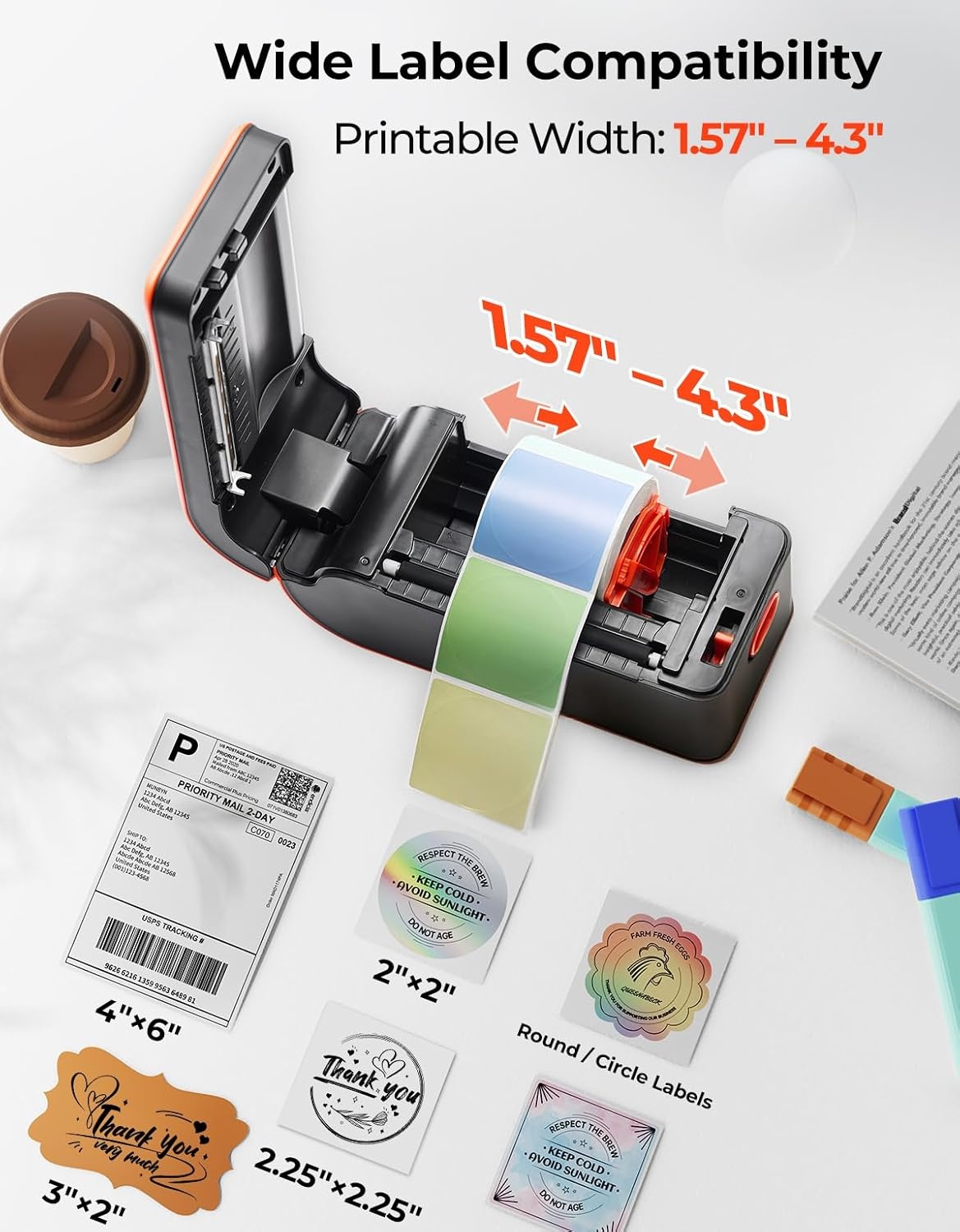 image:imageMUNBYN MC240 Bluetooth Thermal Label Printer with Battery Builtin Paper Bin Portable Wireless 46 Shipping Label Printer Compatible with iOS Android Windows Mac Works for Small Business