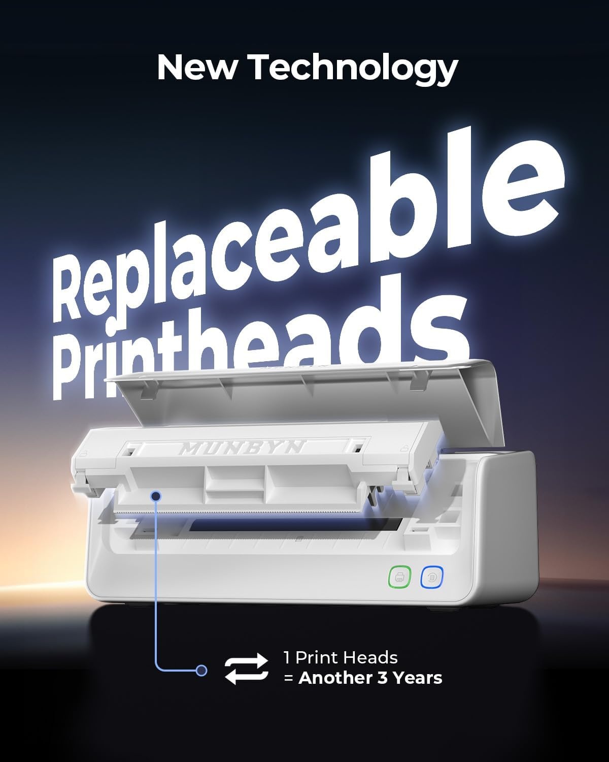 image:imageMUNBYN Replaceable PrintHead Bluetooth Thermal Label Printer with Paper Holder RW405B Wireless 4x6 Shipping Label Printer for Small Businesses Compatible with Mac Windows iPhone Android Chrome