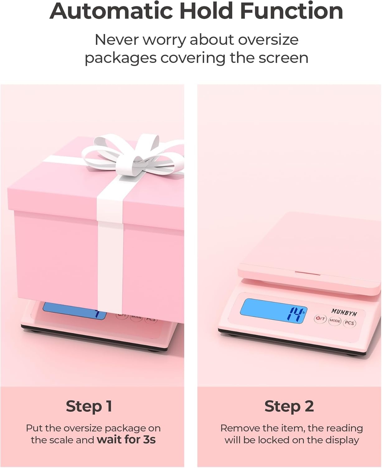 image:imageMUNBYN Shipping Scale Accurate 66lb01oz Postal Scale with Sweet Pink Style HoldTearPCS Function AutoOff Battery amp AC Adapter BackLit LCD Display Digital Scale for Packages and Food PinkPink
