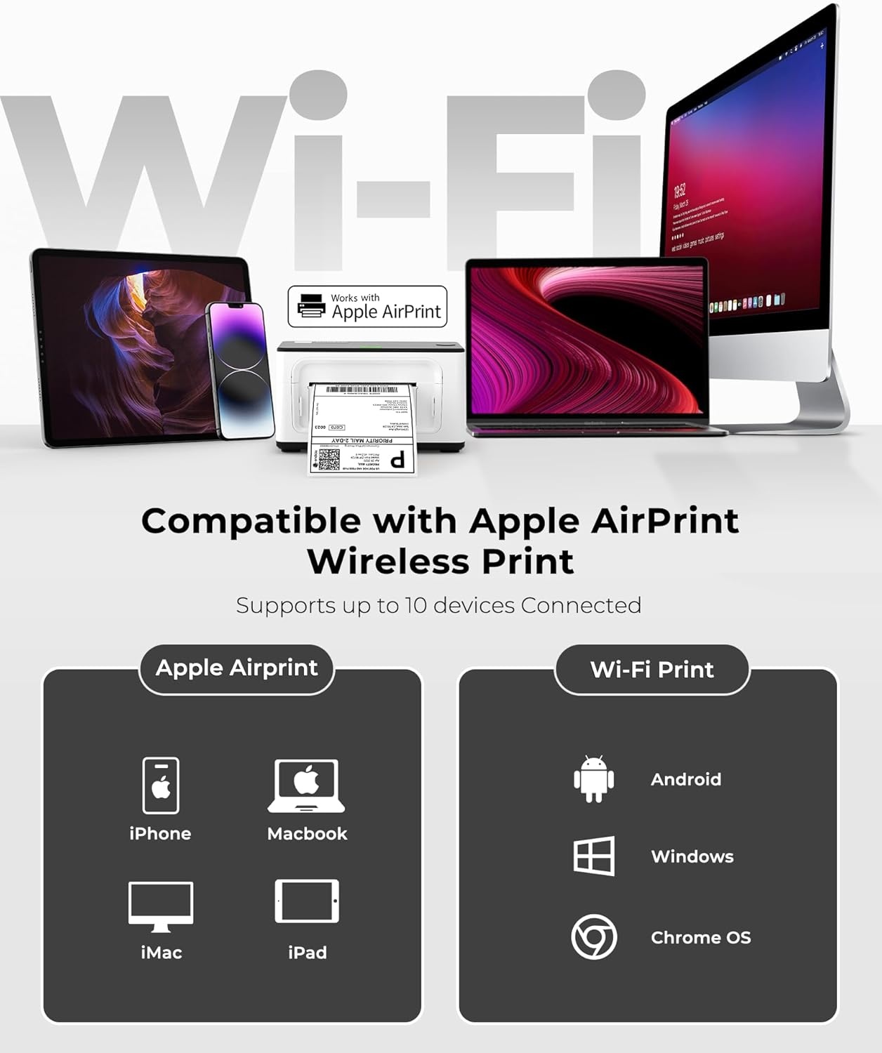 image:imageMUNBYN Wireless WiFi Thermal Printer Shipping Label Printer Compatible with AirPrint iPhone iPad MacOS Android Windows Suit for Small BusinessNo Ink Fast amp Clear PrintingWhite