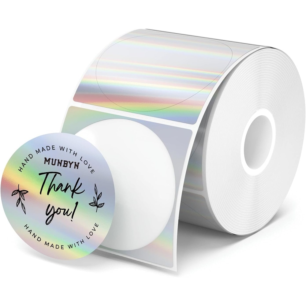 image:imageMUNBYN 2 Circle Holographic Thermal Label Stickers Blue Round Printable Rainbow Glitter Thermal Printer Sticker Labels for Gift Wrapping SelfAdhesive Name Price Tag DIY Custom Logo DesignHolographic Silver