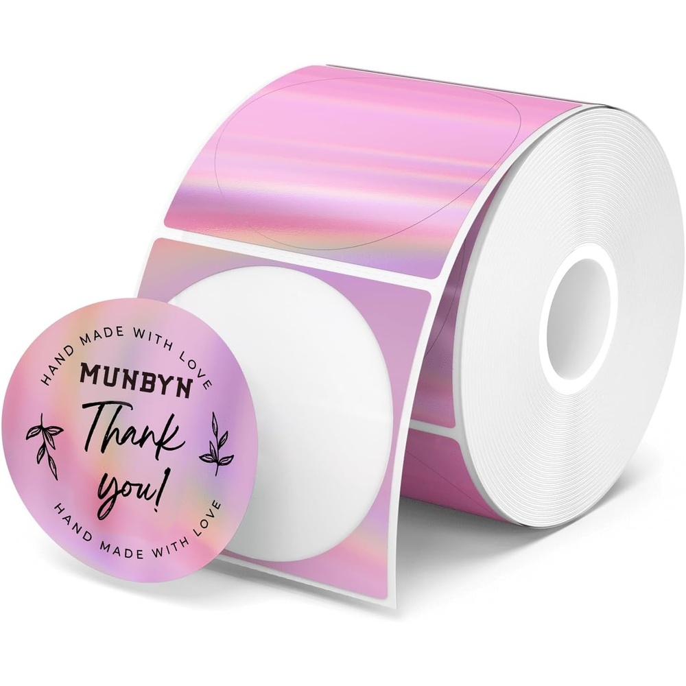 image:imageMUNBYN 2 Circle Holographic Thermal Label Stickers Blue Round Printable Rainbow Glitter Thermal Printer Sticker Labels for Gift Wrapping SelfAdhesive Name Price Tag DIY Custom Logo DesignHolographic Pink