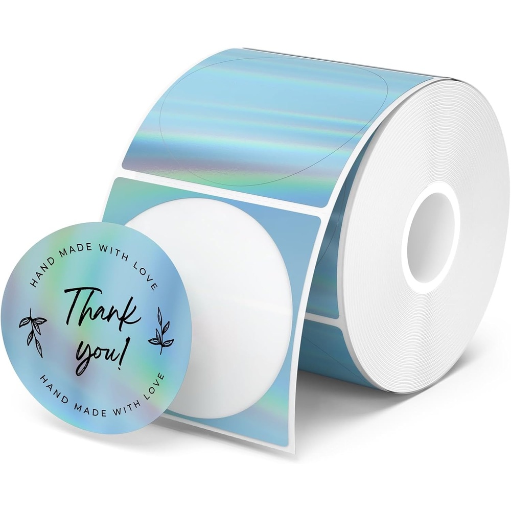 image:imageMUNBYN 2 Circle Holographic Thermal Label Stickers Blue Round Printable Rainbow Glitter Thermal Printer Sticker Labels for Gift Wrapping SelfAdhesive Name Price Tag DIY Custom Logo DesignHolographic Blue