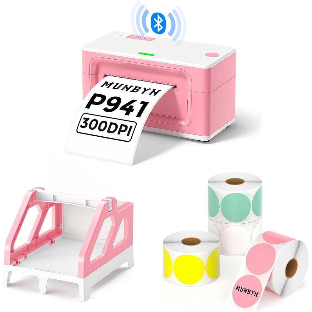 image:imageMUNBYN 2 Inch Color Circle Thermal Sticker Label Pink Label Holder for Rolls and FanFold Labels Bluetooth Thermal Label Printer 941B