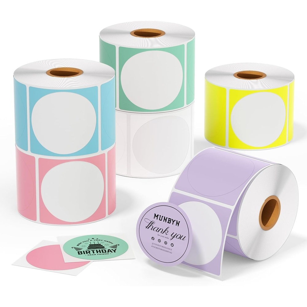 image:imageMUNBYN 3 Inch Pink Circle Thermal Sticker Labels MultiPurpose SelfAdhesive Round Direct Thermal Labels for Business 500 Sheets1 RollMultiple Colors