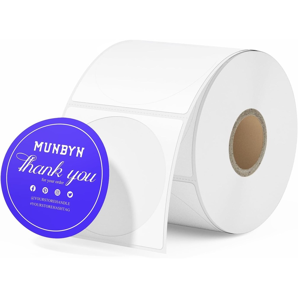 image:imageMUNBYN 3 Inch Pink Circle Thermal Sticker Labels MultiPurpose SelfAdhesive Round Direct Thermal Labels for Business 500 Sheets1 RollWhiteblue
