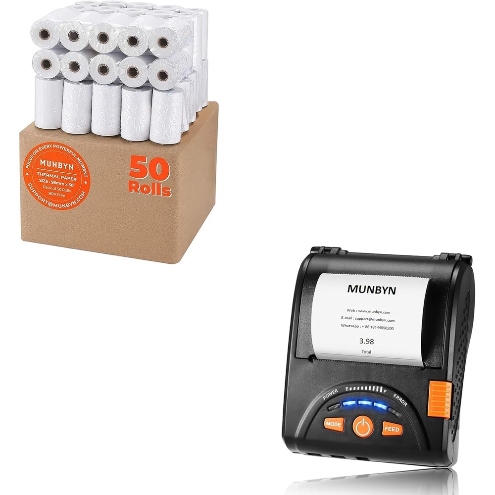 image:imageMUNBYN 58mm Mini Wireless Bluetooth Receipt Printer and 2 14 x 50 Thermal Paper 50 Rolls BPA Free 58mm Receipt Paper