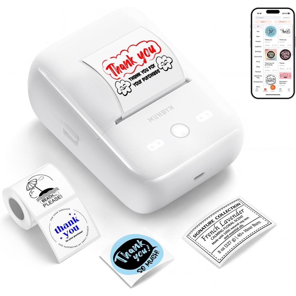 image:imageMUNBYN 6in1 Label Printer amp Sticker Printer Bluetooth Thermal Printer for Phone amp PC 2Color Printing with AutoCenter Alignment Barcode Custom Labels Address amp Logo Labels 1 Roll IncludedWhite