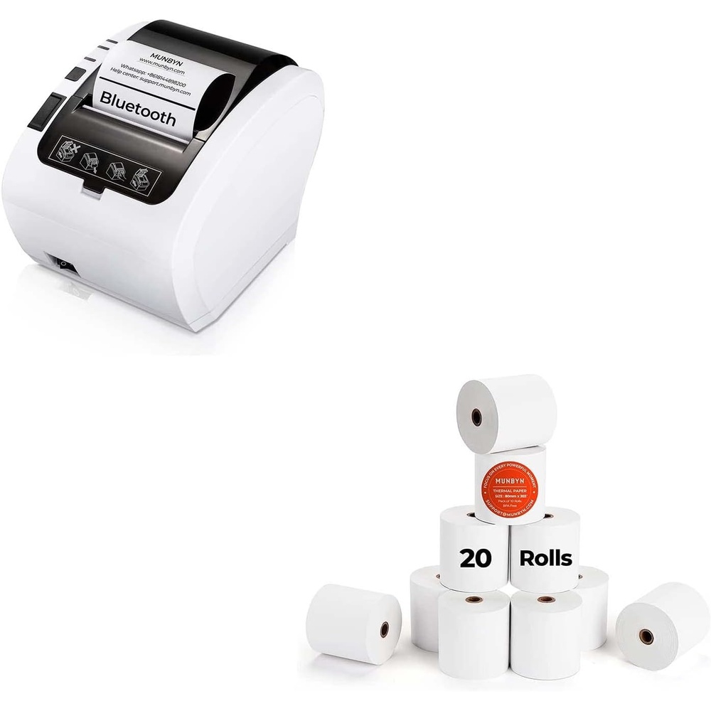 image:imageMUNBYN Bluetooth 50 Receipt Printer P047 80mm POS Printer and Thermal Receipt Paper 3 18 x 230ft 20 Rolls