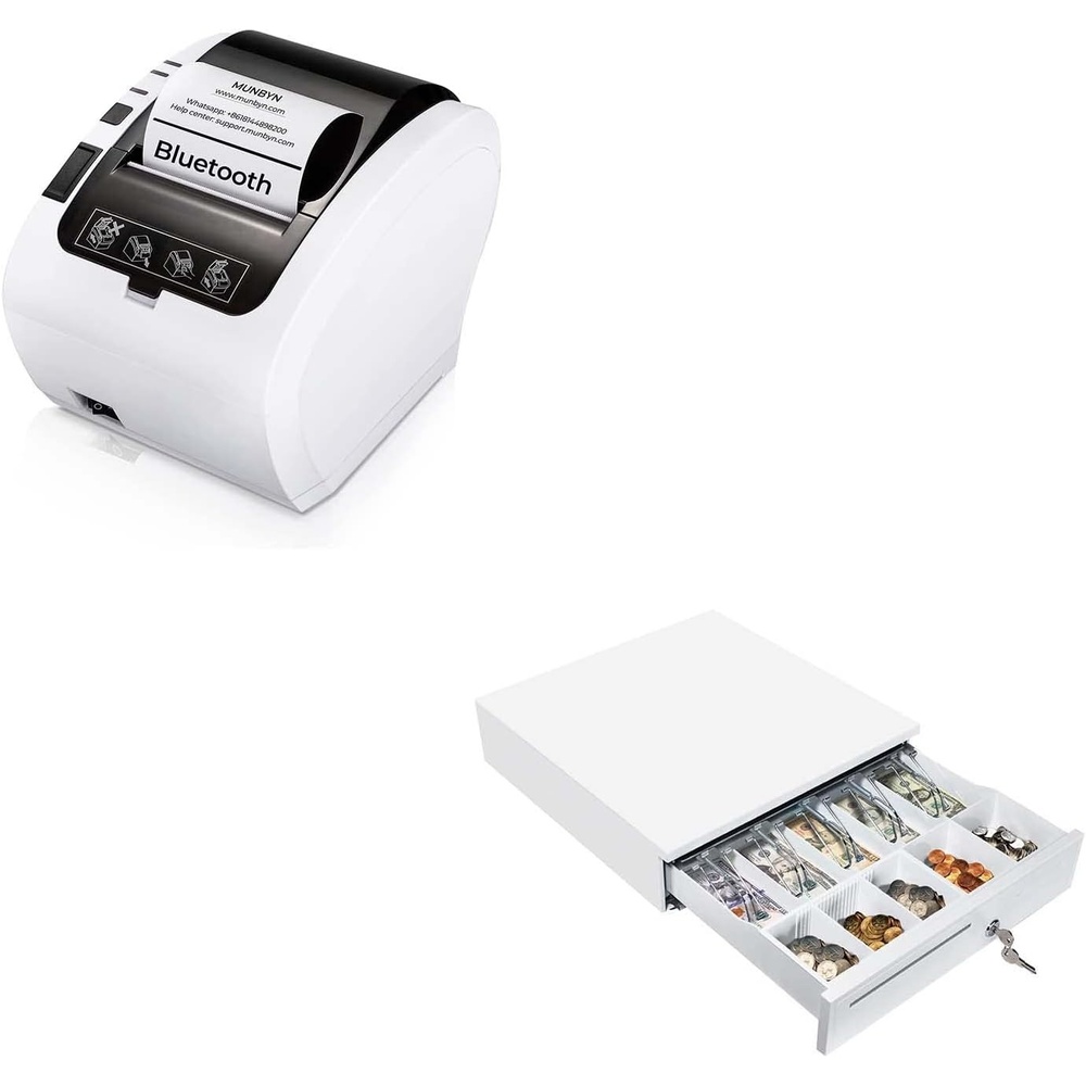 image:imageMUNBYN Bluetooth 50 Receipt Printer P047 80mm POS Printer and White Cash Drawer 16 Heavy Duty Cash Register for Point of Sale POS System