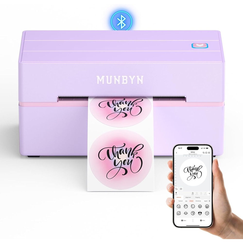 image:imageMUNBYN Bluetooth Thermal Label Printer 130B Wireless 4x6 Shipping Label Printer for Shipping Packages Small Business Office or Home Compatible with iPhone Android iPad Windows macOS ChromePurple