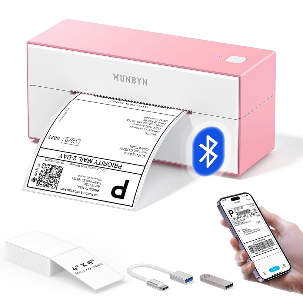 image:imageMUNBYN Bluetooth Thermal Label Printer 4x6 Shipping Label Printer for Shipping Packages Compatible with iOS Android PC Mac Chrome OS Etsy Ebay Shopify Amazon USPS and MorePink