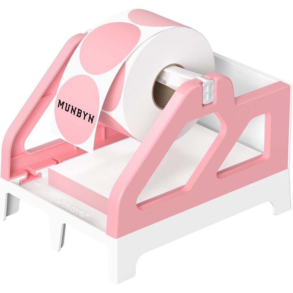 image:imageMUNBYN Label Holder for Rolls and FanFold Labels Thermal Sticker Roll Holder for Desktop Thermal Printer Shipping Supplies Industrial Paper PinkPink and White