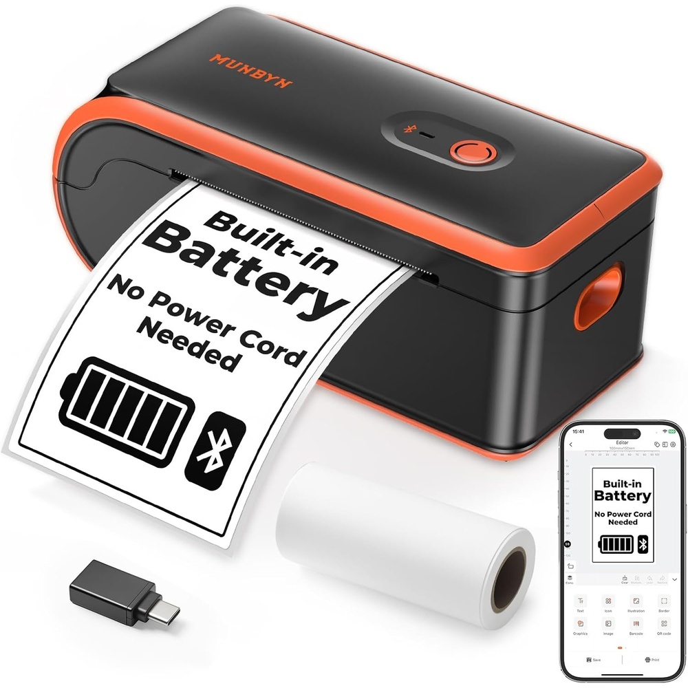 image:imageMUNBYN MC240 Bluetooth Thermal Label Printer with Battery Builtin Paper Bin Portable Wireless 46 Shipping Label Printer Compatible with iOS Android Windows Mac Works for Small Business