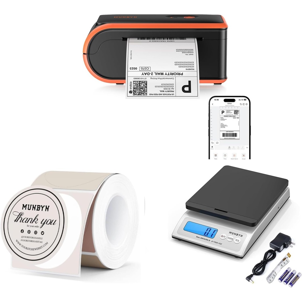 image:imageMUNBYN MC240 Bluetooth Thermal Label Printer2 Inch Thermal Labels RoundShipping Scale Accurate 66lb01oz Postal Scale