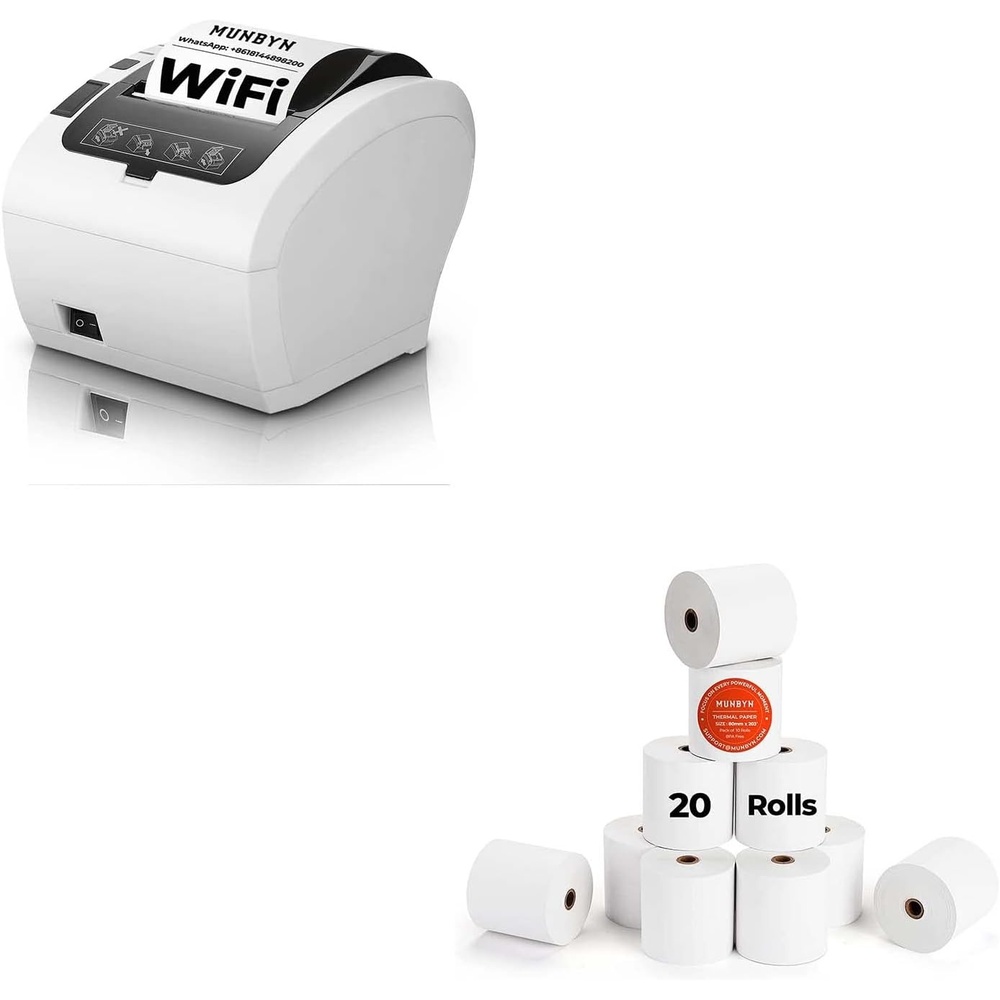 image:imageMUNBYN WiFi Thermal Receipt Printer with USBLANRS232 Port 80mm POS Printer Works with Square Windows Mac Chromebook Linux Cash Drawer and Thermal Receipt Paper 3 18 x 230ft 20 Rolls