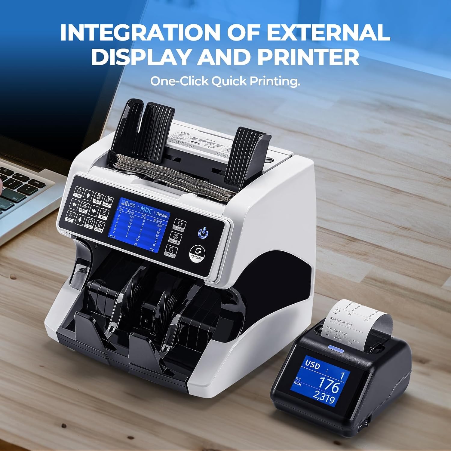 image:imageMUNBYN Bank Grade Money Counter Machine Mixed Denomination with External DisplayPrinter in One Value Counting Serial Number Multi Currency 2CISUVIRMGMT Counterfeit Detection 2Y Warranty