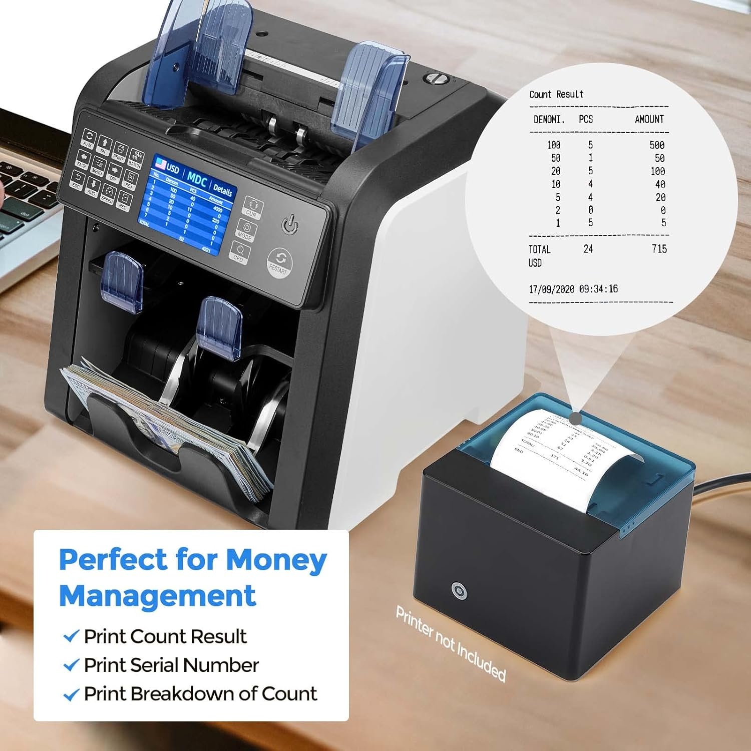 image:imageMUNBYN IMC08 Dual Money Counter Machine Mixed Denomination with Reject Pocket Value Counting Counterfeit Detection 2 CISUVMGIR SortampPrint Enabled Cash Counter Mixed Bill Counter BlackWhite