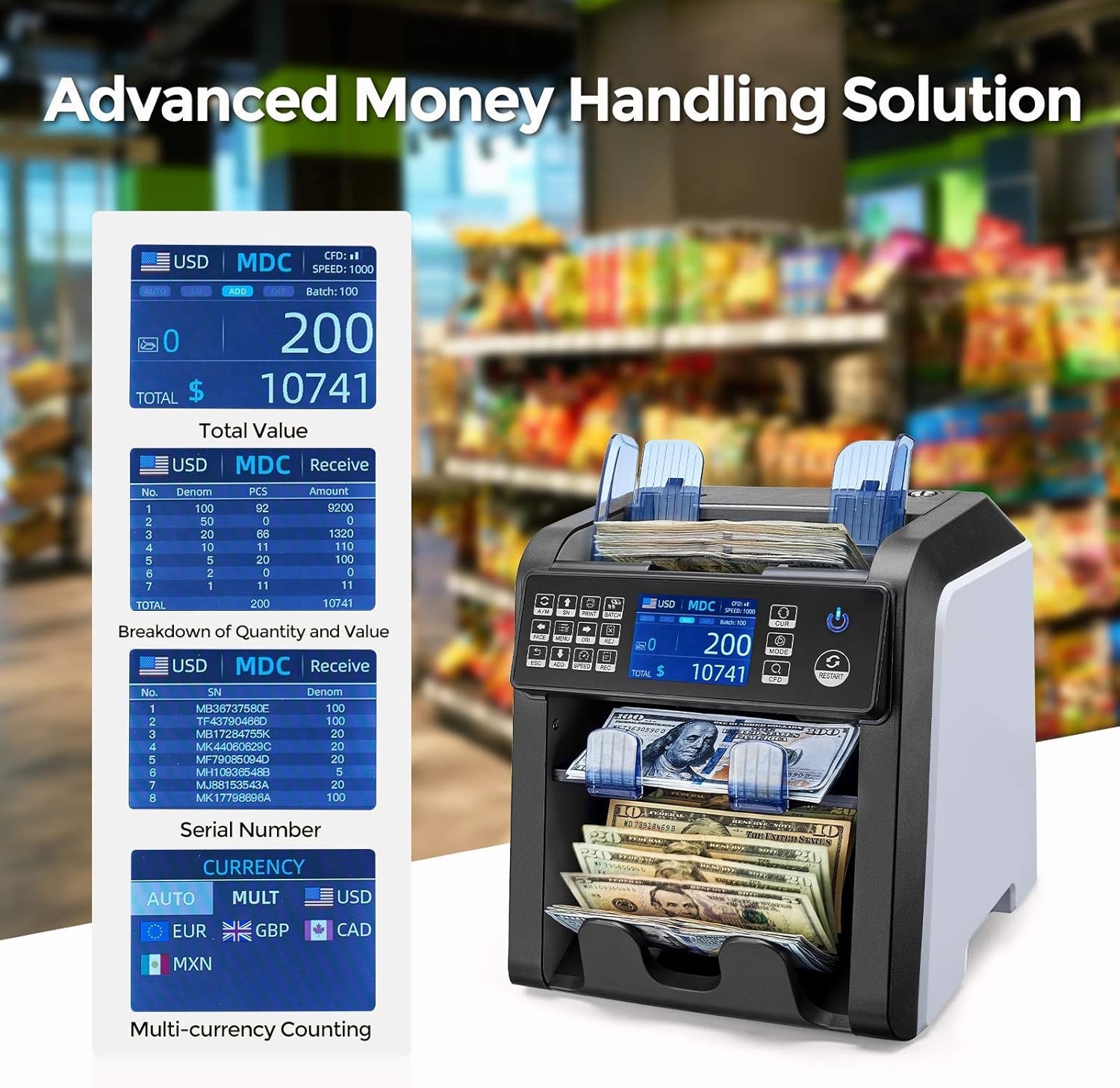 image:imageMUNBYN IMC08 Dual Money Counter Machine Mixed Denomination with Reject Pocket Value Counting Counterfeit Detection 2 CISUVMGIR SortampPrint Enabled Cash Counter Mixed Bill Counter BlackWhite