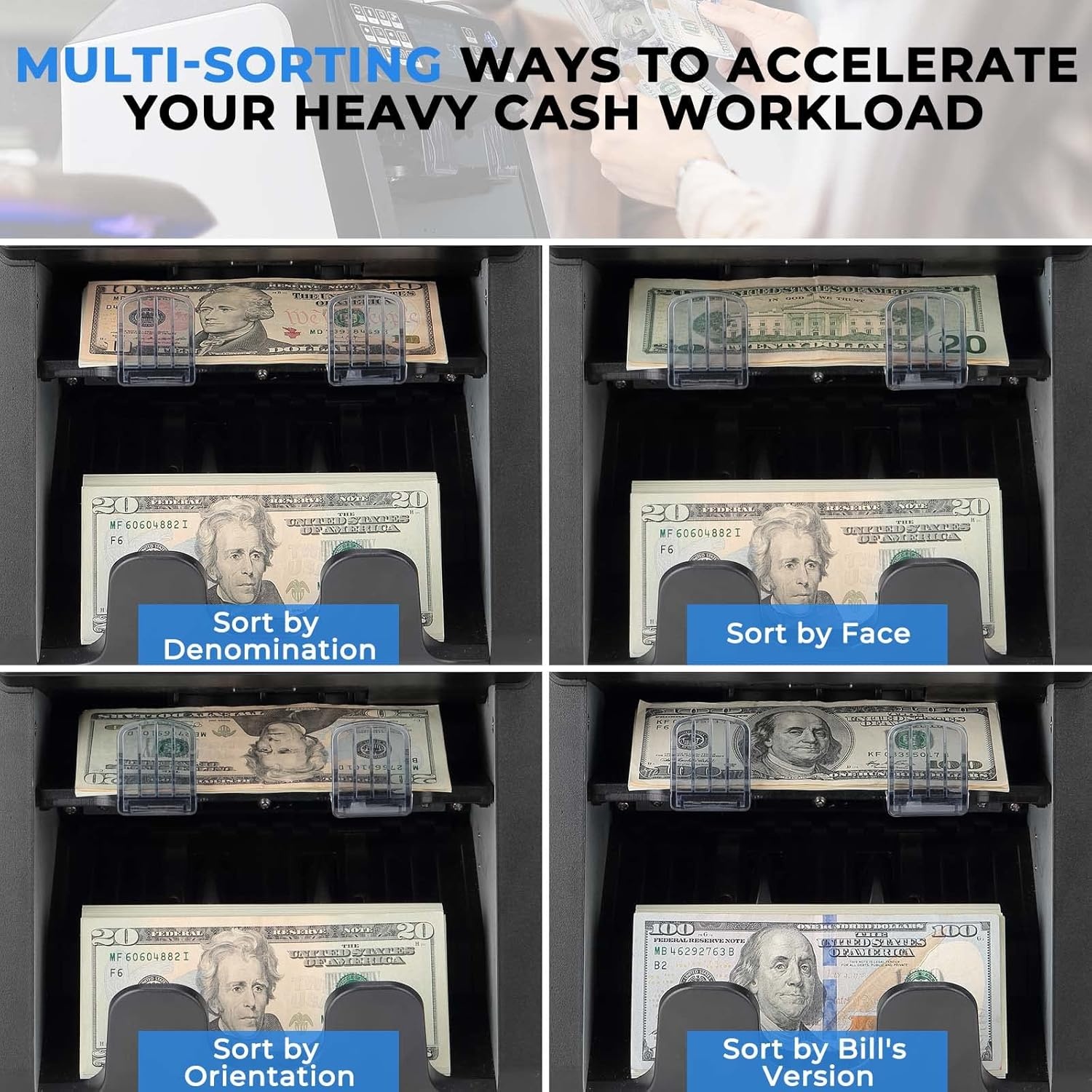 image:imageMUNBYN IMC08 Dual Money Counter Machine Mixed Denomination with Reject Pocket Value Counting Counterfeit Detection 2 CISUVMGIR SortampPrint Enabled Cash Counter Mixed Bill Counter BlackWhite