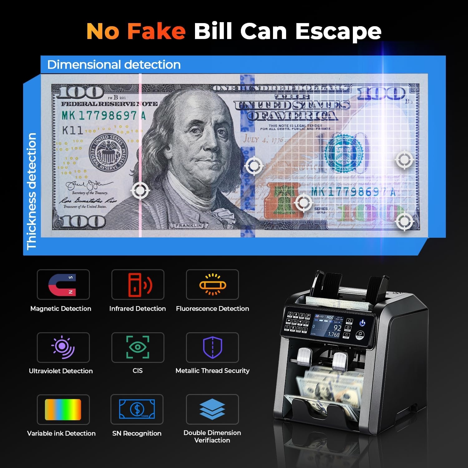 image:imageMUNBYN IMC08 Dual Money Counter Machine Mixed Denomination with Reject Pocket Value Counting Counterfeit Detection 2 CISUVMGIR SortampPrint Enabled Cash Counter Mixed Bill Counter BlackBlack