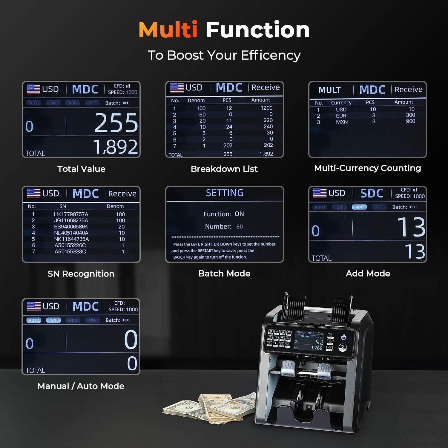 image:imageMUNBYN IMC08 Dual Money Counter Machine Mixed Denomination with Reject Pocket Value Counting Counterfeit Detection 2 CISUVMGIR SortampPrint Enabled Cash Counter Mixed Bill Counter BlackBlack