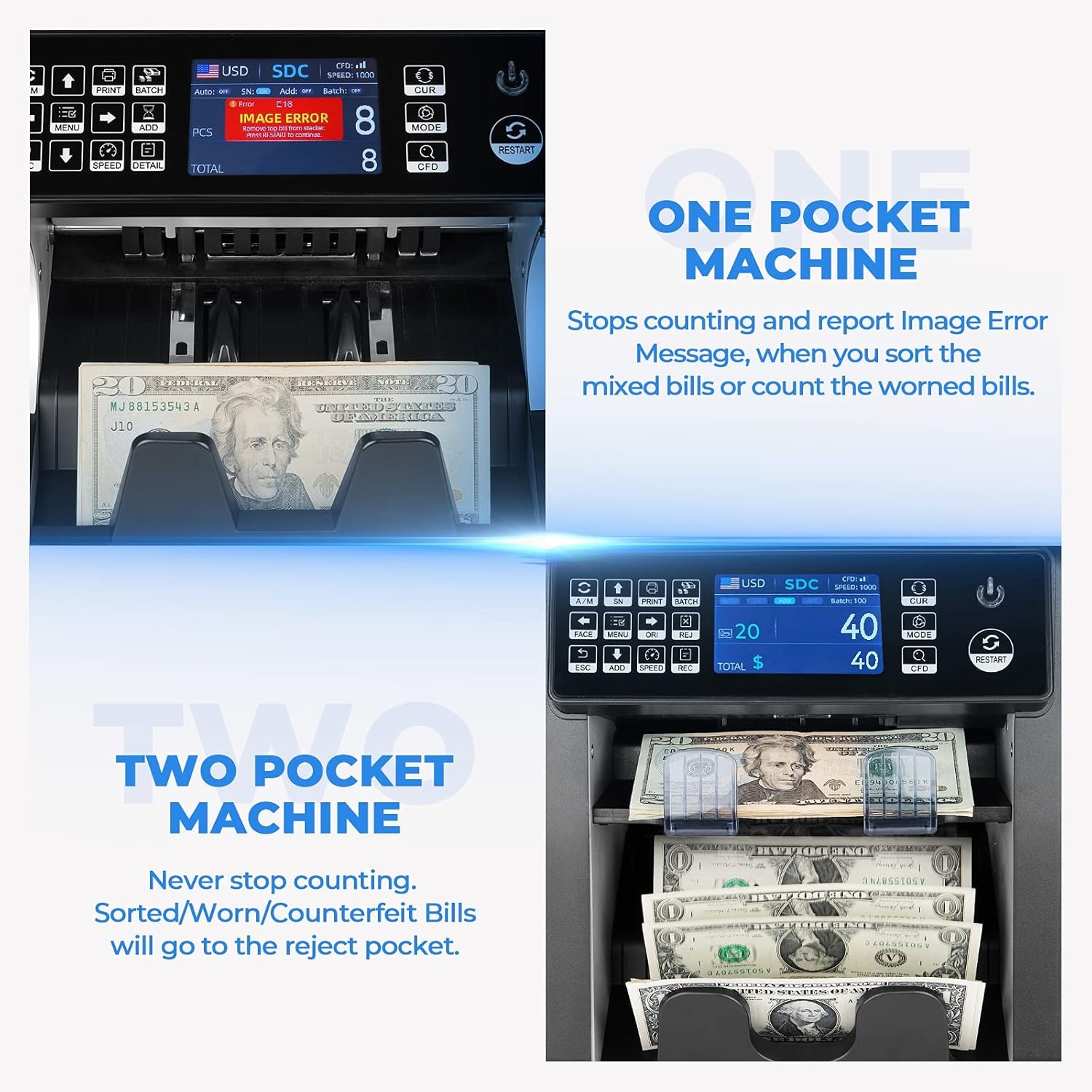 image:imageMUNBYN IMC08 Dual Money Counter Machine Mixed Denomination with Reject Pocket Value Counting Counterfeit Detection 2 CISUVMGIR SortampPrint Enabled Cash Counter Mixed Bill Counter BlackWhite